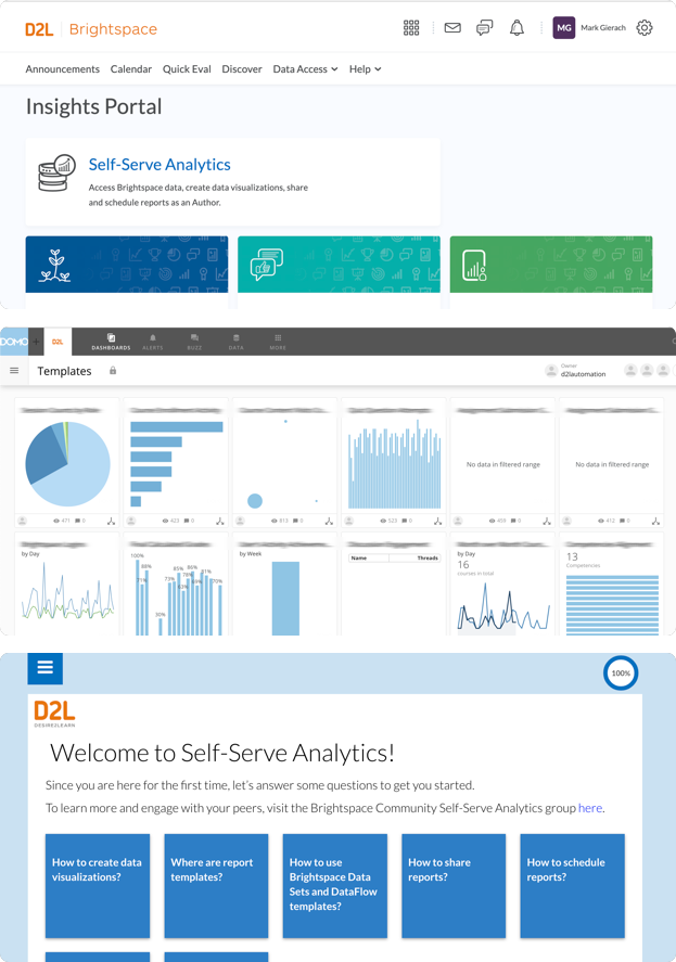 Self-Serve Analytics launch screen, onboarding page, and report template dashboard