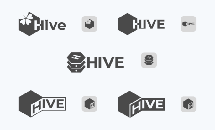 initial five versions of logo in black and white used in AB testing