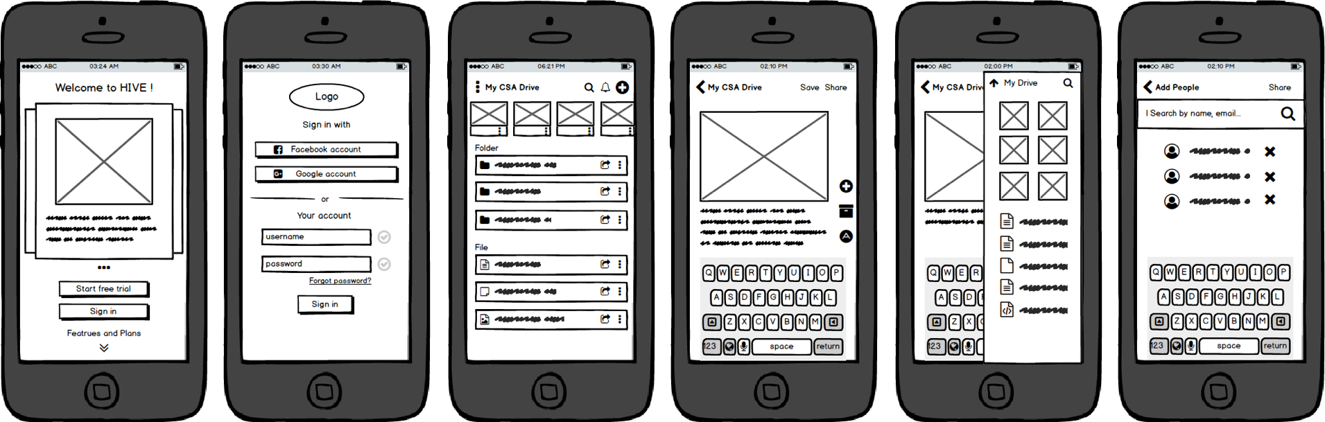 wireframes of mobile app