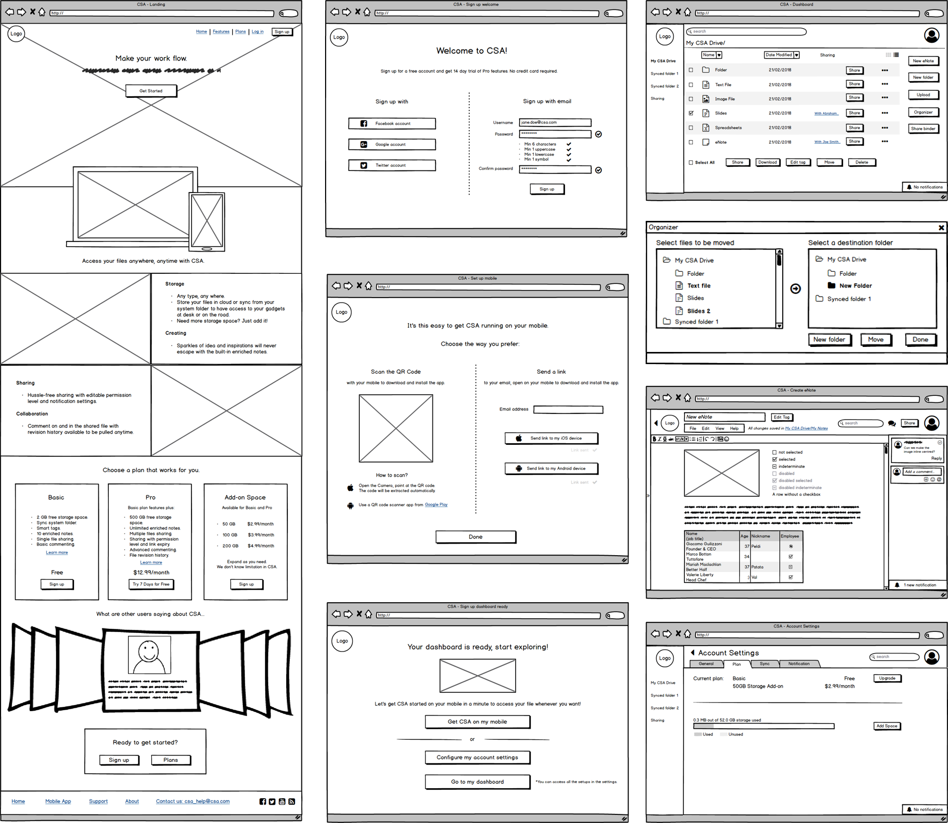 wireframes of desktop app